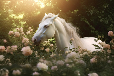 A unicorn, White Unicorn running in dreams flowers. Generative Aiの素材