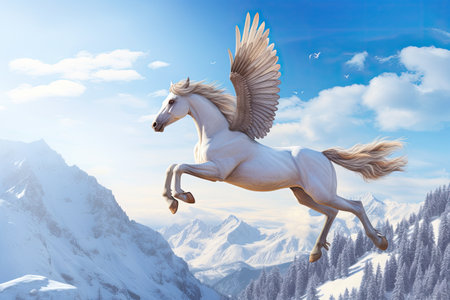 A unicorn, Majestic Pegasus horse flying high above the clouds. Flight of the Pegasus. Generative Aiの素材