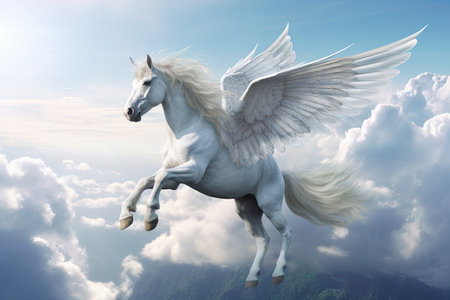 A unicorn, Majestic Pegasus horse flying high above the clouds. Flight of the Pegasus. Generative Aiの素材
