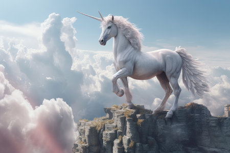 A unicorn, White pegasus unicorn in a cliff high above the clouds. Generative Aiの素材