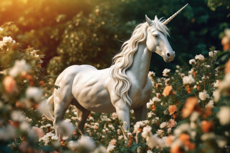 A unicorn, White Unicorn running in dreams flowers. Generative Aiの素材