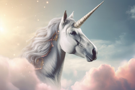 A unicorn head and horn isolated on white background. Unicorn in the skies fantasy. Generative Aiの素材