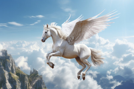 A unicorn, Majestic Pegasus horse flying high above the clouds. Flight of the Pegasus. Generative Aiの素材