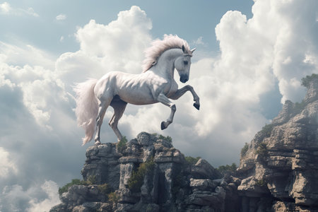 A unicorn, White pegasus unicorn in a cliff high above the clouds. Generative Aiの素材