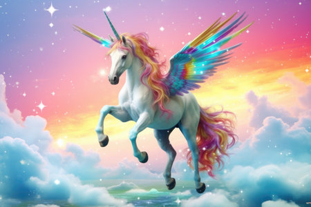 Rainbow background with winged cute unicorn with stars. Generative Aiの素材