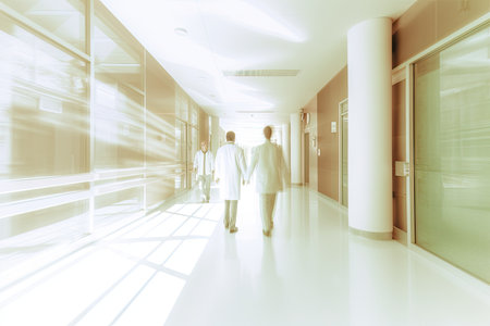 Blurred image of doctor and patient walking around in hospital. Generative aiの素材