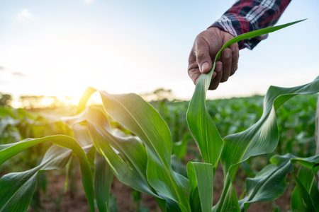 Agriculture, hand of farmer touches the leaves of young green corn growing and checks the sprouts, protect the ecology of the cultivated. Concept of natural farming.の写真素材