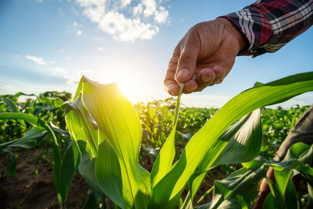 Agricultural Garden of Corn field, Farmer hand touches green leaves of young green corn growing on the field with blue sky at sunset. Concept of natural farming, agricultureの写真素材