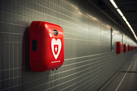AED emergency defibrillator on the wall in the international airport for prepared to provide life-saving cardiopulmonary resuscitation. Generative AIの素材