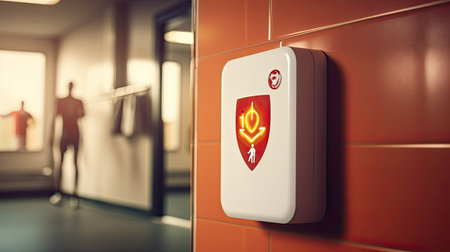 Automated external defibrillator symbol or sign on the wall in a sports gym. Generative AIの素材