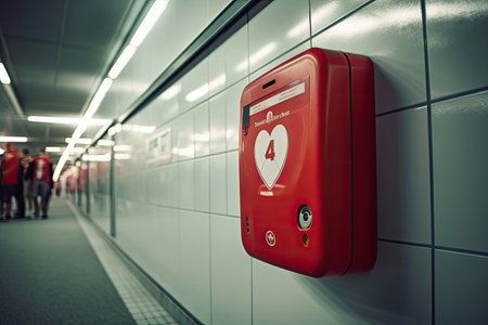 AED emergency defibrillator on the wall in the international airport for prepared to provide life-saving cardiopulmonary resuscitation. Generative AIの素材