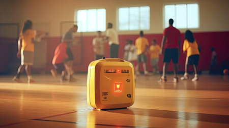Automated external defibrillator symbol or sign on the wall in a sports gym. Basketball players was playing in blurred background. Generative AIの素材