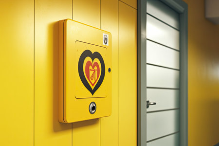 Automated external defibrillator symbol or sign on the wall in a sports gym. Generative AIの素材