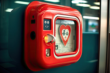 AED emergency defibrillator on the wall in the international airport for prepared to provide life-saving cardiopulmonary resuscitation. Generative AIの素材