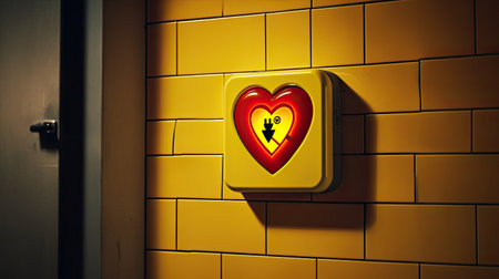 Automated external defibrillator symbol or sign on the wall in a sports gym. Generative AIの素材