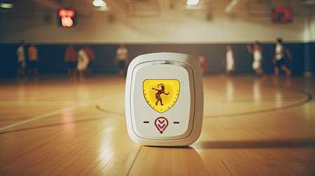 Automated external defibrillator symbol or sign on the wall in a sports gym. Generative AIの素材
