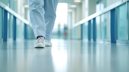 Assistant legs walking in hospital, Selective focus at the leg and blurred background with copy space in modern hospital. epoxy floor. Generative AIの素材