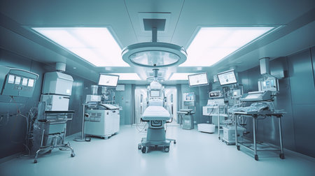 An Empty modern operating room at hospital for background. Good lighting . fluoroscope and anesthesiology machine with television to broadcast. Generative AIの素材