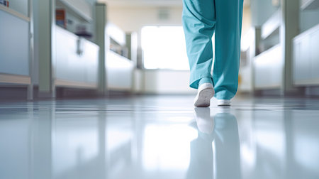 Assistant legs walking in hospital, Selective focus at the leg and blurred background with copy space in modern hospital. epoxy floor. Generative AIの素材