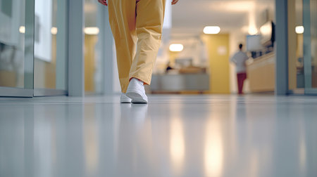Assistant legs walking in hospital, Selective focus at the leg and blurred background with copy space in modern hospital. epoxy floor. Generative AIの素材