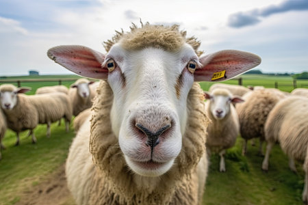 Animal, dike funny sheep is looking at you from its meadow on farm background. Sheep. Generative AIの素材