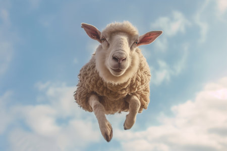 A Sheep, Flying sheep on blue sky background. Generative AIの素材