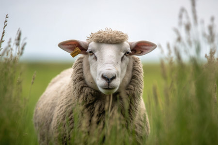 Animal, dike funny sheep is looking at you from its meadow on farm background. Sheep. Generative AIの素材
