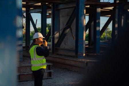 A civil architect engineer inspecting structure road construction of expressway under construction. Supervise new road construction. Civil Engineer.の素材 [FY310208266197]