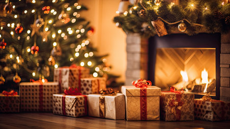 Christmas Day, Christmas presents on wooden table decorated fir tree and fire place, copy space background. Generate Aiの素材