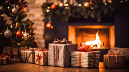 Christmas Day, Christmas presents on wooden table decorated fir tree and fire place, copy space background. Generate Aiの素材