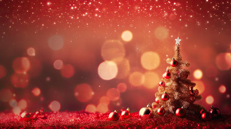 Christmas Day, Christmas background with xmas tree and sparkle bokeh lights on red canvas background. Generate Aiの素材