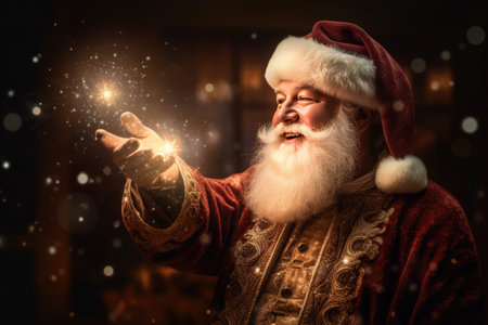 Christmas Day, Happy Santa Claus making magic at night, Blowing Magic Christmas Stars with copy space. Generate Aiの素材