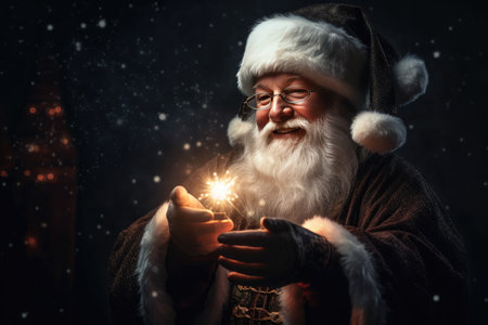Christmas Day, Happy Santa Claus making magic at night, Blowing Magic Christmas Stars with copy space. Generate Aiの素材