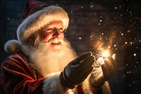 Christmas Day, Happy Santa Claus making magic at night, Blowing Magic Christmas Stars with copy space. Generate Aiの素材