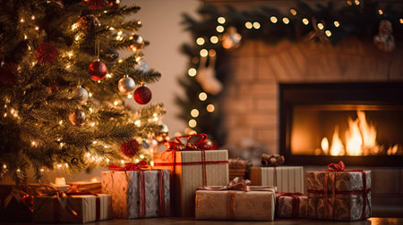 Christmas Day, Christmas presents on wooden table decorated fir tree and fire place, copy space background. Generate Aiの素材