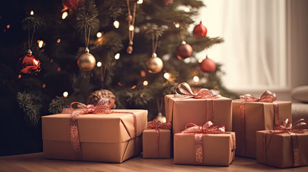 Christmas Day, Christmas gift boxes on floor near fir tree in room white background. copy space. Generate Aiの素材