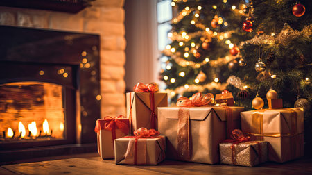 Christmas Day, Christmas presents on wooden table decorated fir tree and fire place, copy space background. Generate Aiの素材