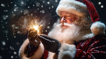 Christmas Day, Happy Santa Claus making magic at night, Blowing Magic Christmas Stars with copy space. Generate Aiの素材