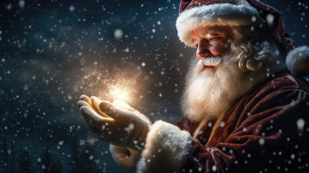 Christmas Day, Happy Santa Claus making magic at night, Blowing Magic Christmas Stars with copy space. Generate Aiの素材