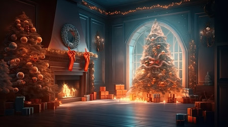 Christmas Day, Interior christmas. magic glowing tree, fireplace and gifts, copy space background. Generate Aiの素材