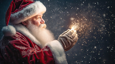 Christmas Day, Happy Santa Claus making magic at night, Blowing Magic Christmas Stars with copy space. Generate Aiの素材