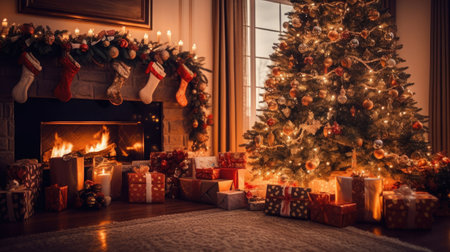 Christmas Day, Interior christmas. magic glowing tree, fireplace and gifts, copy space background. Generate Aiの素材