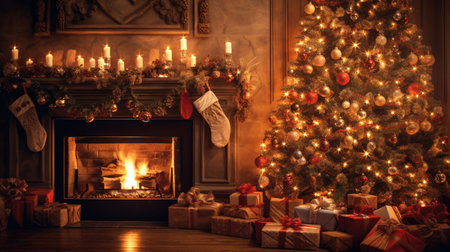 Christmas Day, Interior christmas. magic glowing tree, fireplace and gifts, copy space background. Generate Aiの素材