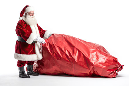Christmas Day, Santa Claus with a huge bag, delivery christmas gifts isolated on white background. Generate Aiの素材