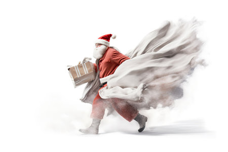 Christmas Day, Santa Claus with a huge bag on the run to delivery christmas gifts isolated on white background . Generate Aiの素材