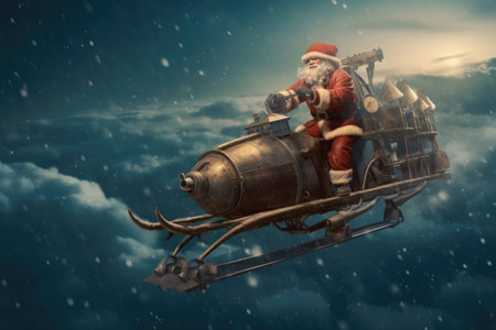 Christmas Day, Santa flying in sleigh with Christmas sky. Generate Aiの素材