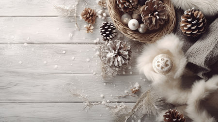 Christmas Day, Top view of Christmas composition. Christmas gift, knitted blanket, pine cones, fir branches on wooden white background. copy space. Generate Aiの素材
