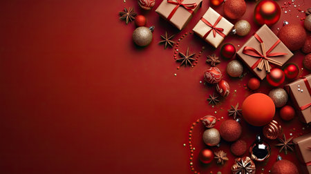 Christmas Day, Top view of Christmas gift boxes and fir tree branches on red background, copy space. Generate Aiの素材