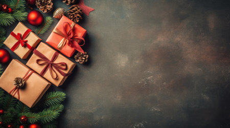 Christmas Day, Top view of Christmas background with gift boxes, fir tree branches, clews of rope, paper's rools and decorations on red. Preparation for holidays with copy space. Generate Aiの素材