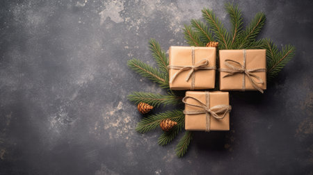 Christmas Day, Top view of Christmas background with gift boxes, fir tree branches, clews of rope, paper's rools and decorations on red. Preparation for holidays with copy space. Generate Aiの素材